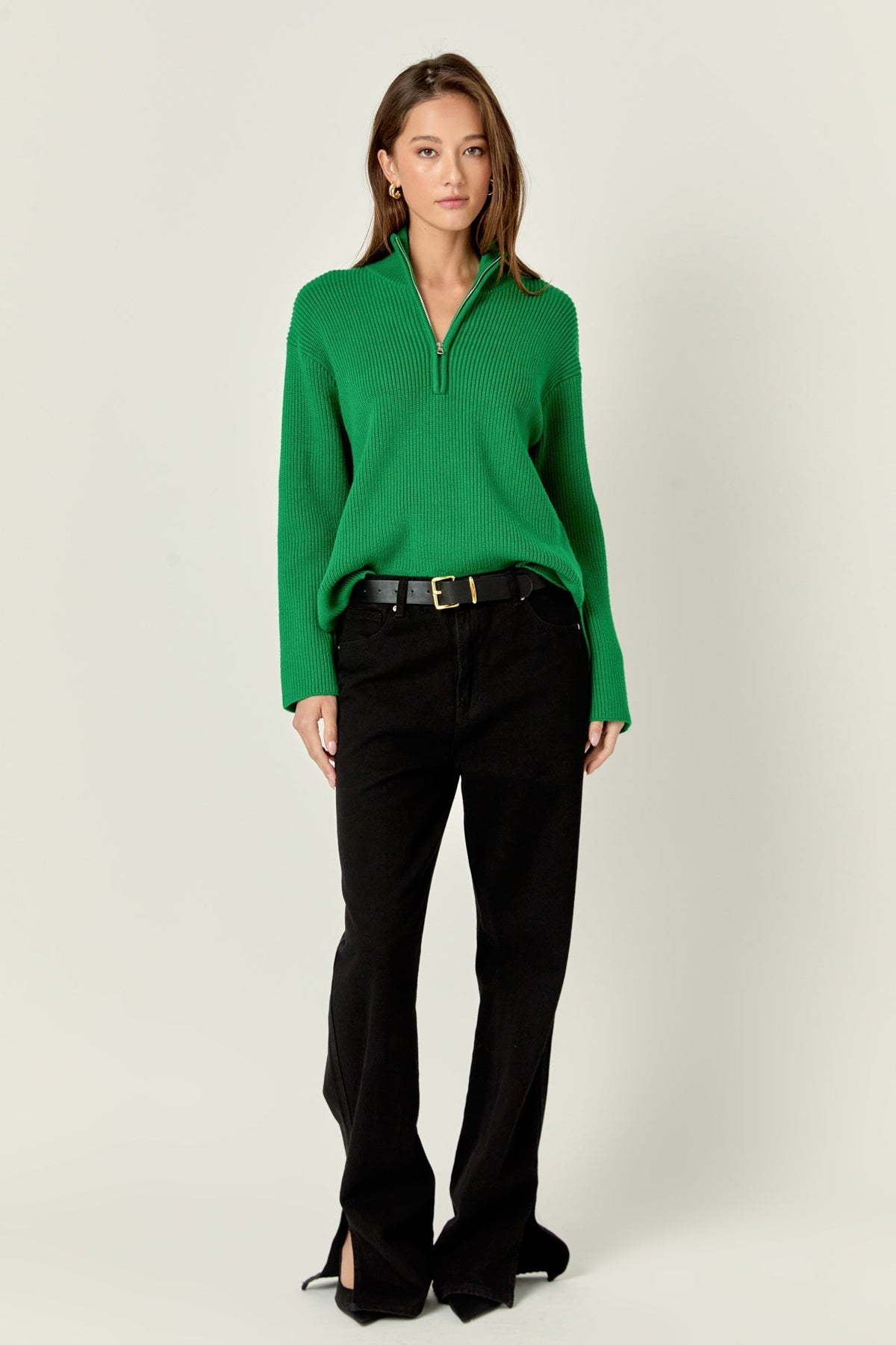 ENGLISH FACTORY - Zip Collared Sweater in Green - SWEATERS & KNITS available at Objectrare