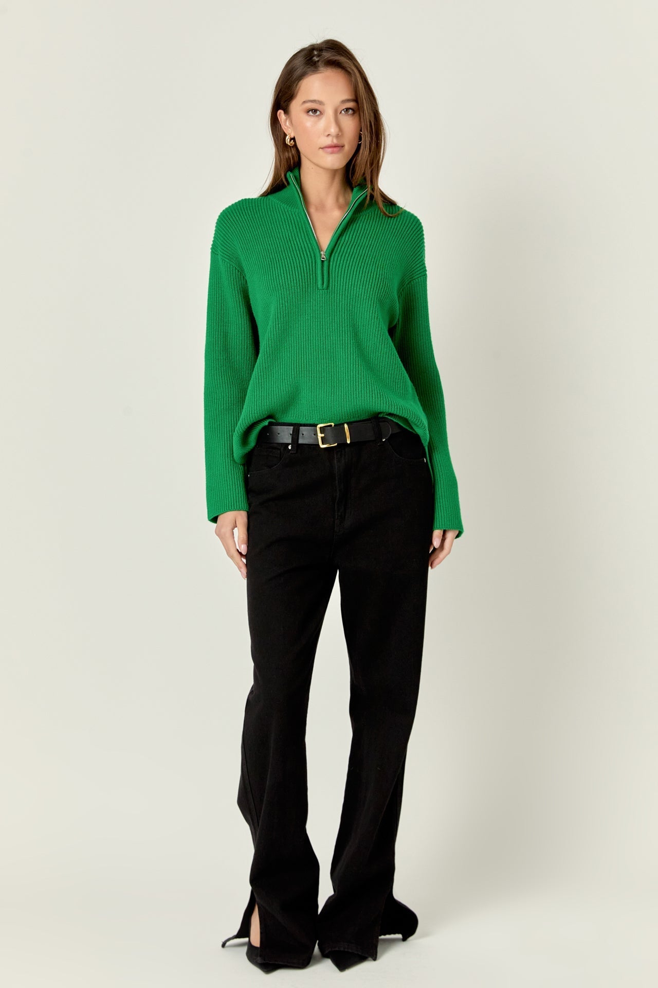 ENGLISH FACTORY - Zip Collared Sweater in Green - SWEATERS & KNITS available at Objectrare