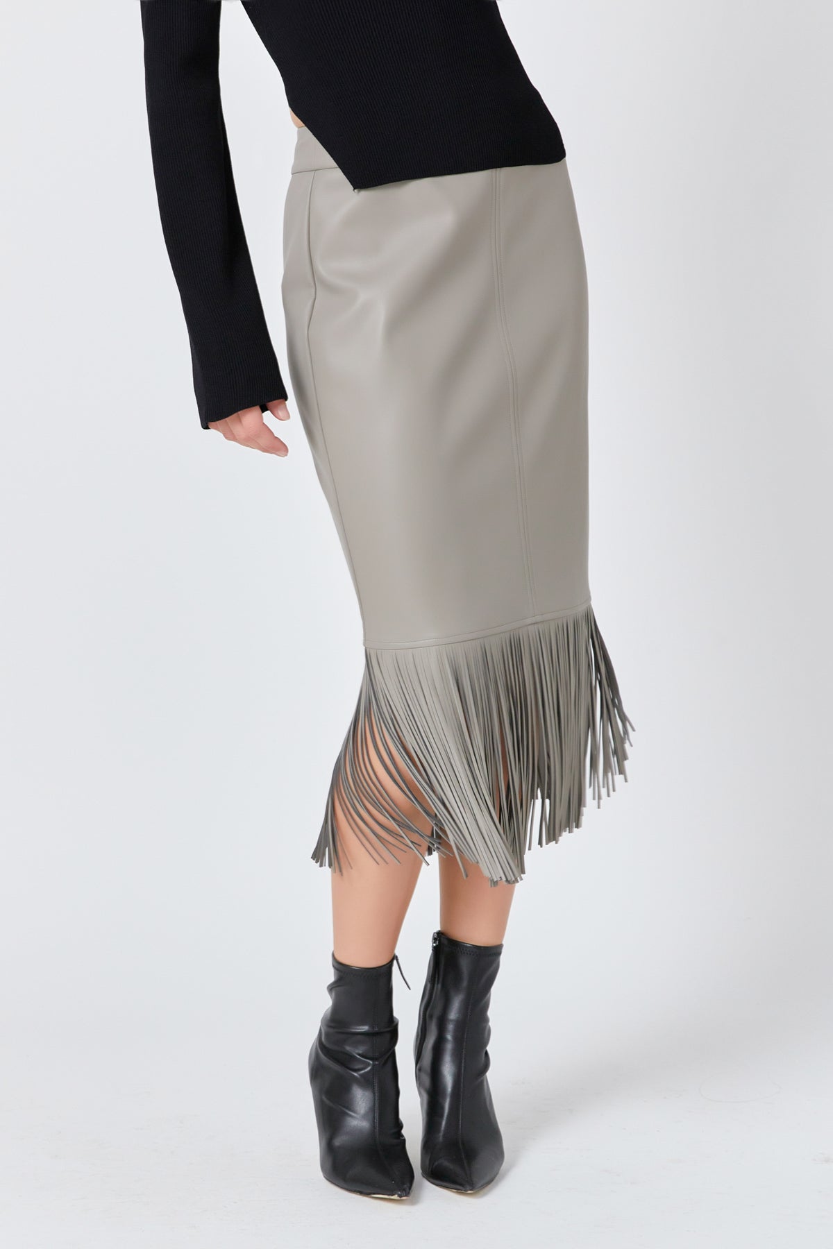 ENDLESS ROSE - PU Fringe Pencil Midi Skirt - SKIRTS available at Objectrare