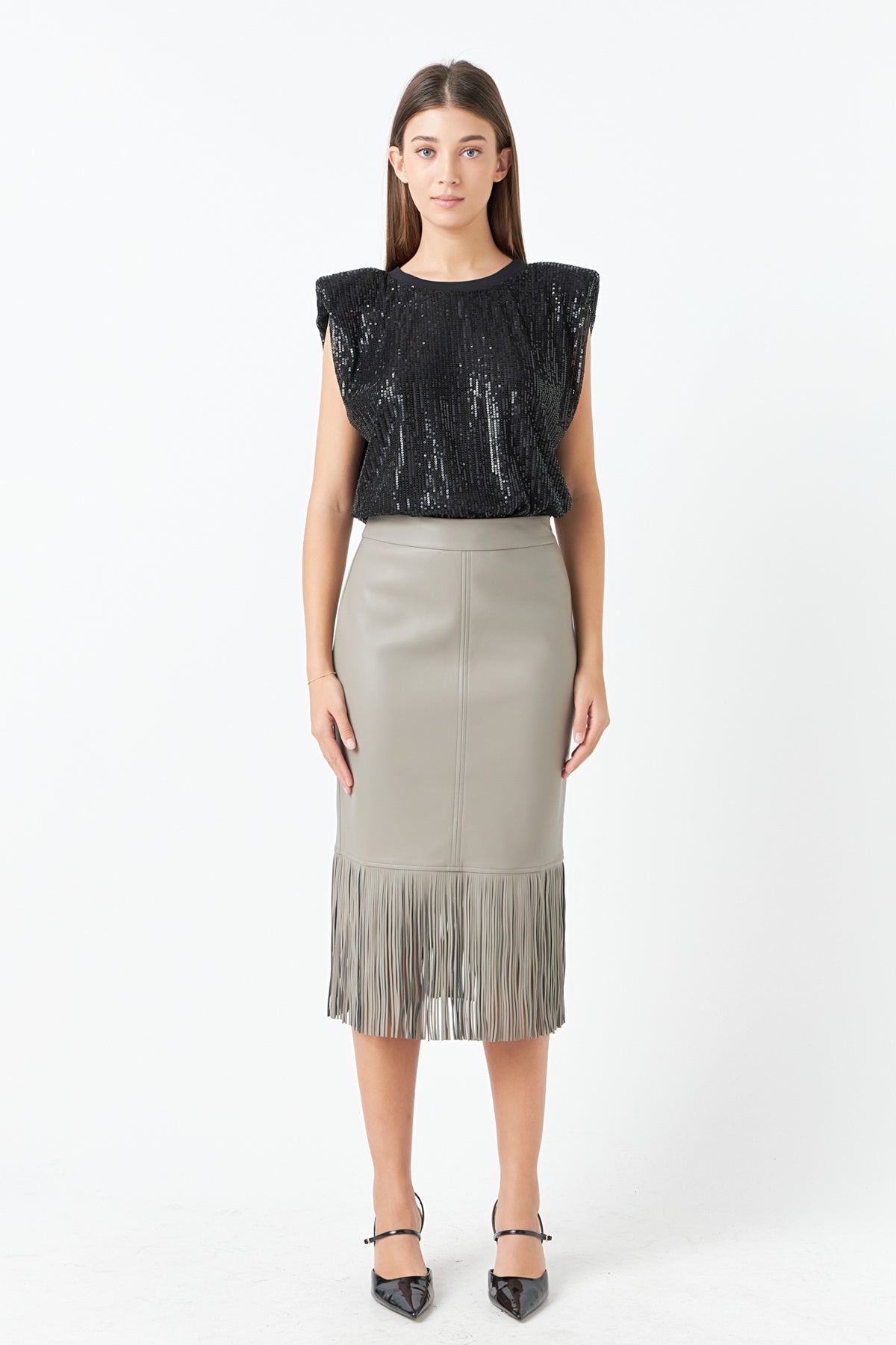 ENDLESS ROSE - PU Fringe Pencil Midi Skirt - SKIRTS available at Objectrare