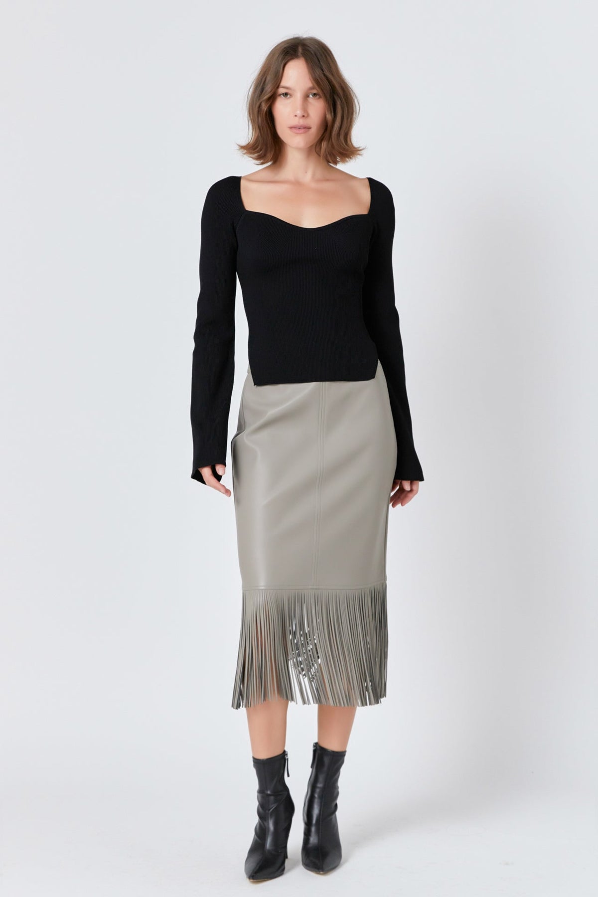 ENDLESS ROSE - Pu Fringe Pencil Midi Skirt - SKIRTS available at Objectrare