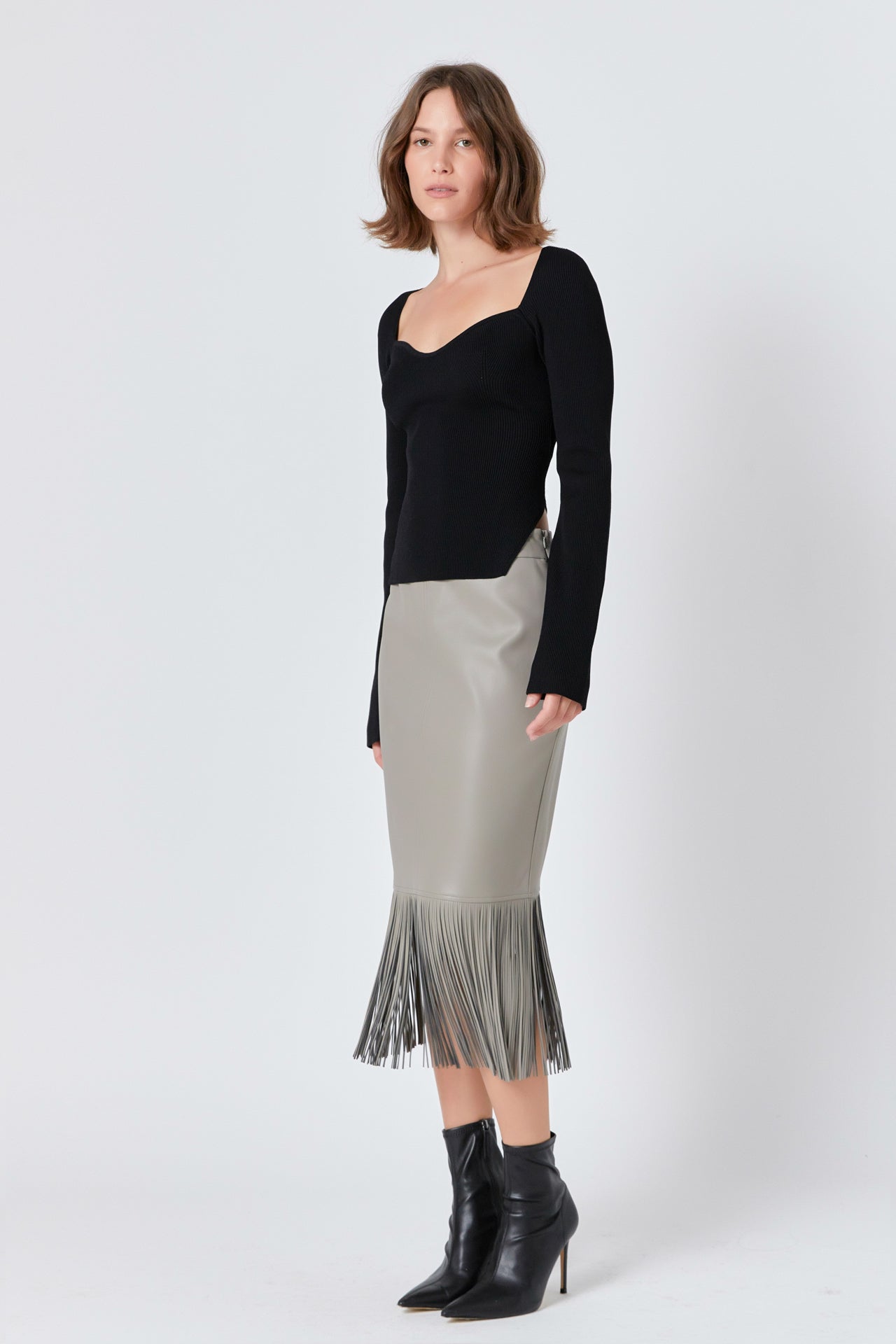 ENDLESS ROSE - PU Fringe Pencil Midi Skirt - SKIRTS available at Objectrare