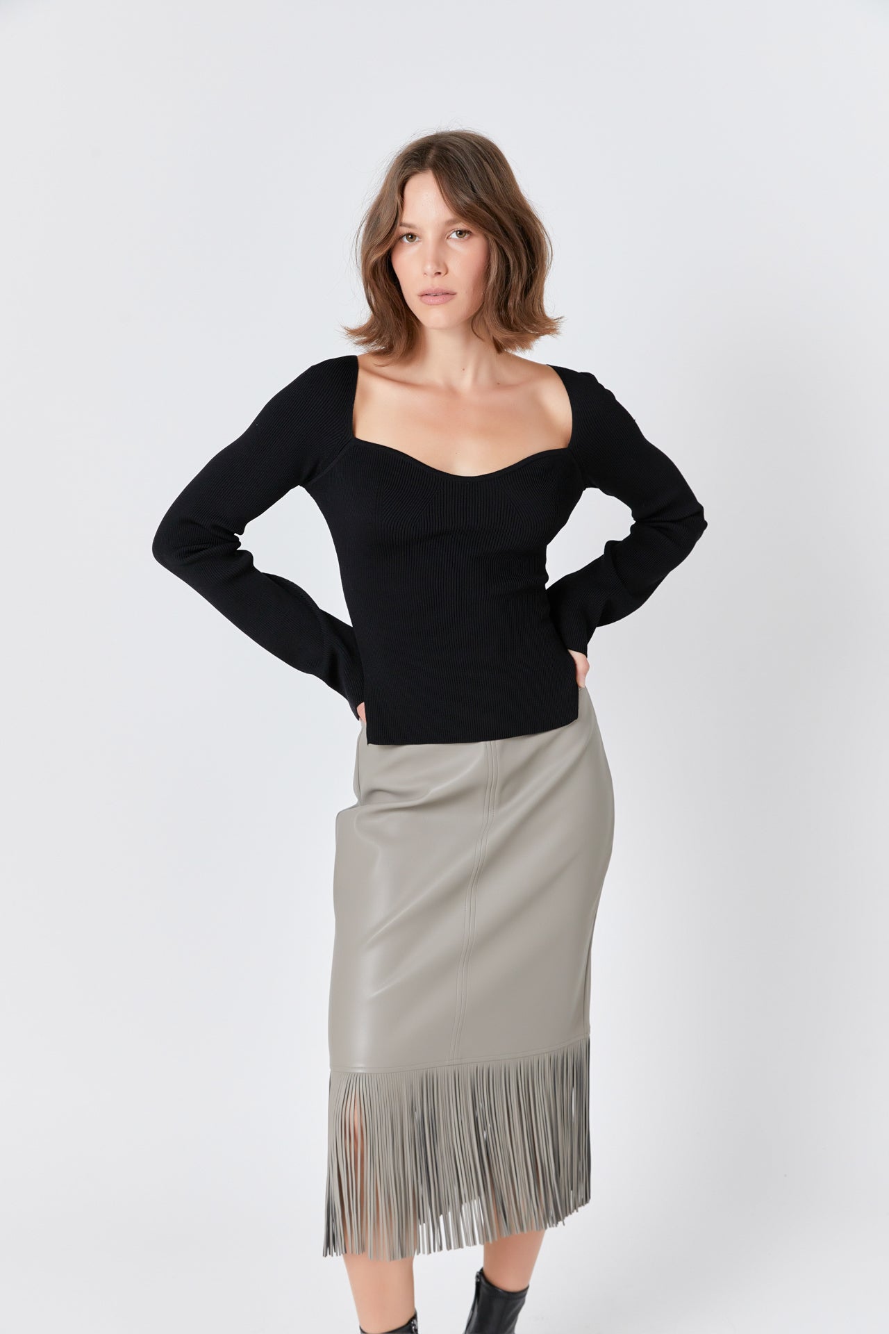 ENDLESS ROSE - PU Fringe Pencil Midi Skirt - SKIRTS available at Objectrare