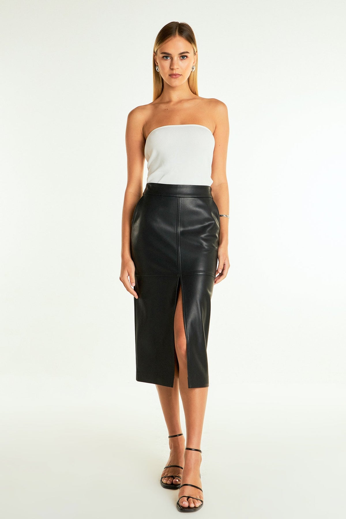 ENDLESS ROSE - Pu Front Slit Midi Skirt - SKIRTS available at Objectrare