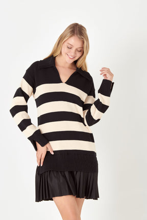 ENGLISH FACTORY - Mixed Media Stripe Pleated Mini Dress - DRESSES available at Objectrare