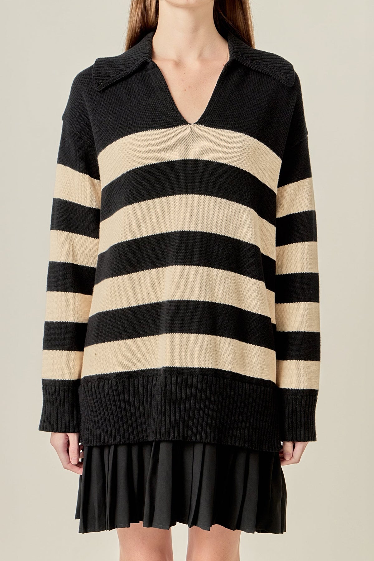 Mixed Media Stripe Pleated Mini Dress