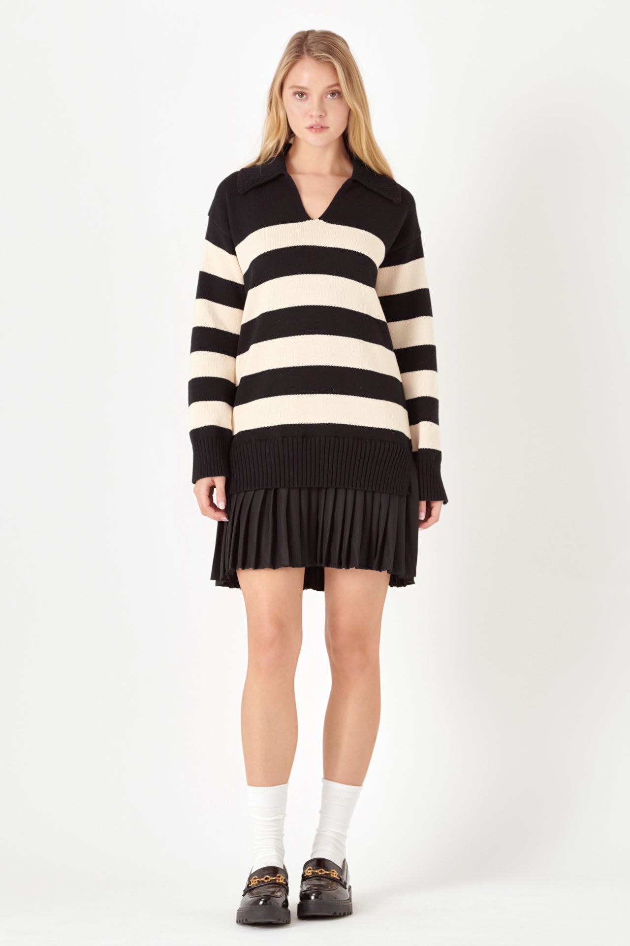 ENGLISH FACTORY - Mixed Media Stripe Pleated Mini Dress - DRESSES available at Objectrare