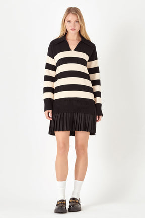 ENGLISH FACTORY - Mixed Media Stripe Pleated Mini Dress - DRESSES available at Objectrare