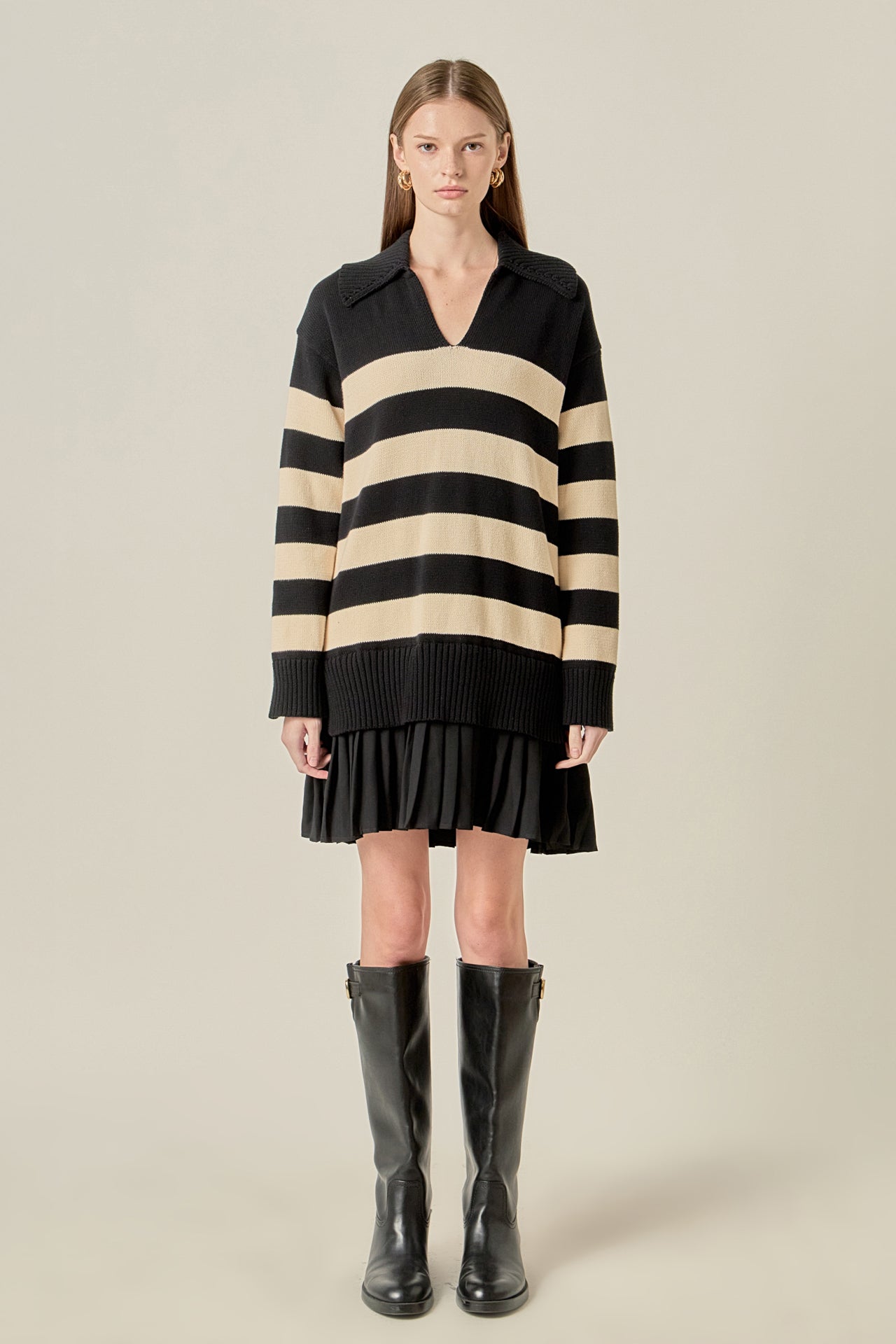 Mixed Media Stripe Pleated Mini Dress