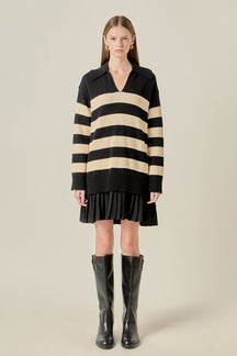 Mixed Media Stripe Pleated Mini Dress