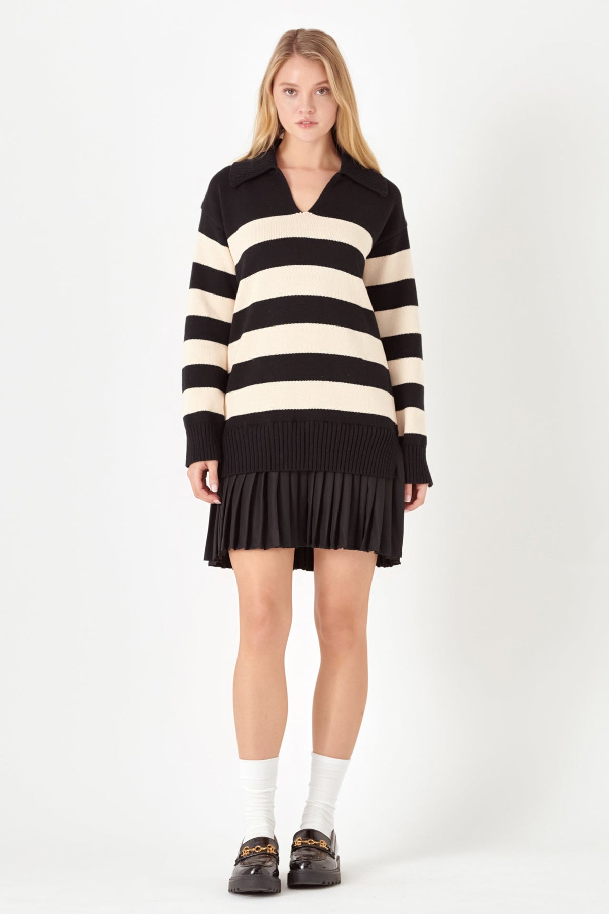 ENGLISH FACTORY - Mixed Media Stripe Pleated Mini Dress - DRESSES available at Objectrare
