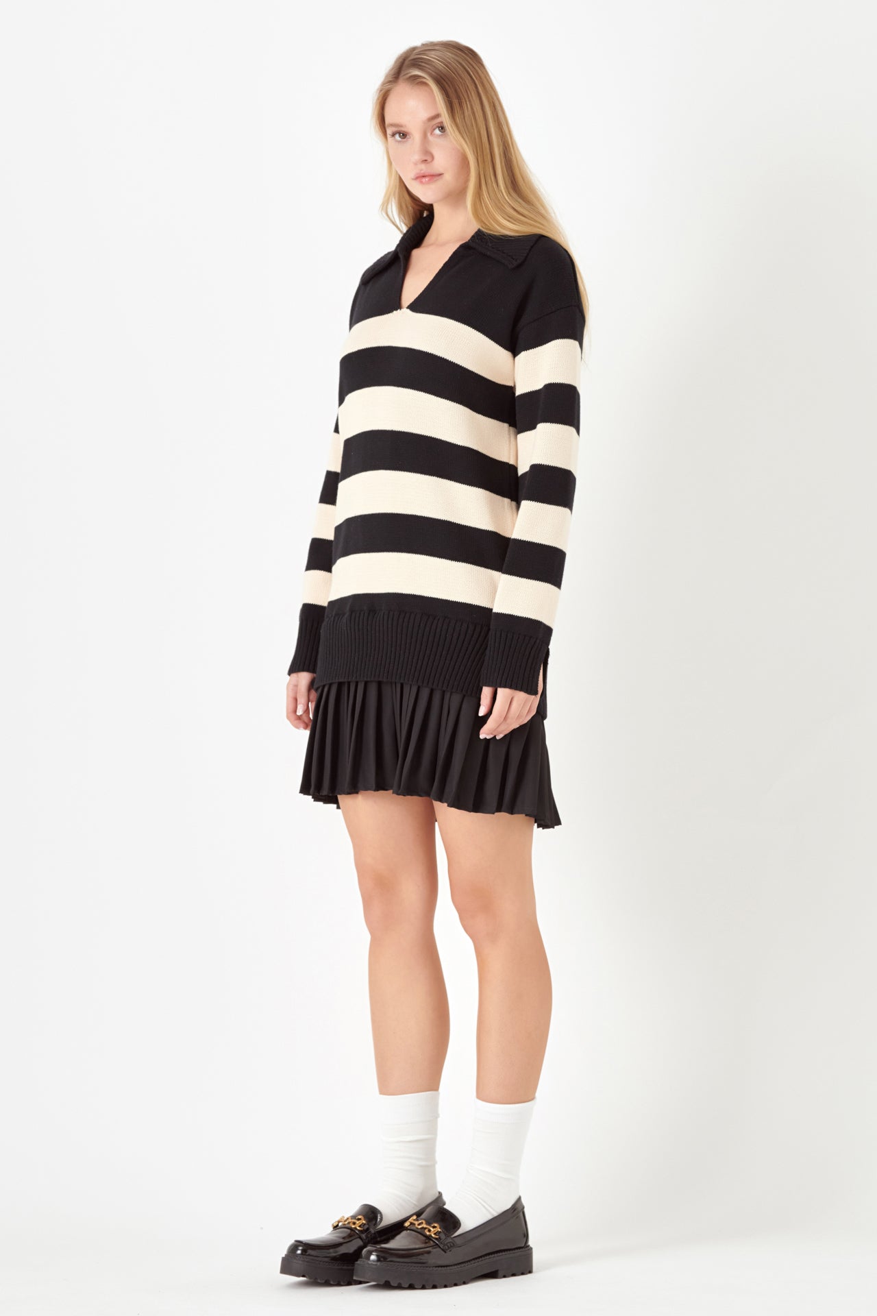 ENGLISH FACTORY - Mixed Media Stripe Pleated Mini Dress - DRESSES available at Objectrare