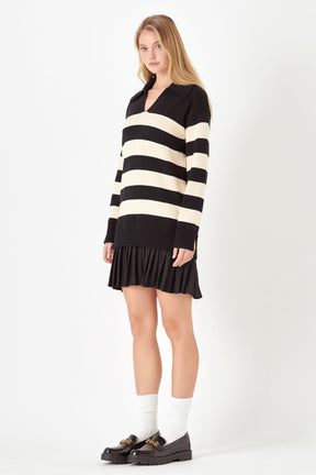 ENGLISH FACTORY - Mixed Media Stripe Pleated Mini Dress - DRESSES available at Objectrare