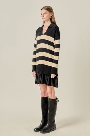 Mixed Media Stripe Pleated Mini Dress