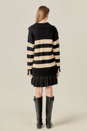 Mixed Media Stripe Pleated Mini Dress