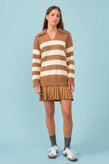 Mixed Media Stripe Pleated Mini Dress