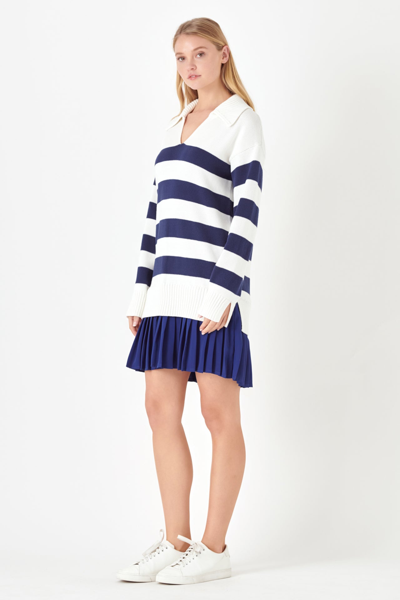 Mixed Media Stripe Pleated Mini Dress