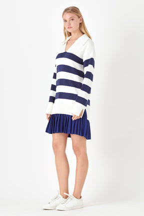 Mixed Media Stripe Pleated Mini Dress