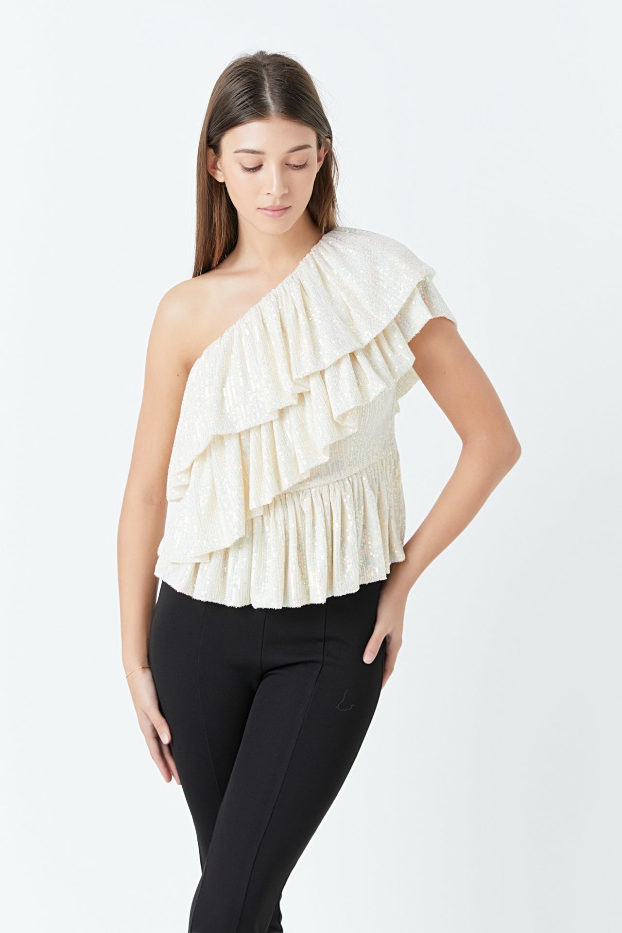 ENDLESS ROSE - Endless Rose - Sequins One Shoulder Ruffle Top - TOPS available at Objectrare