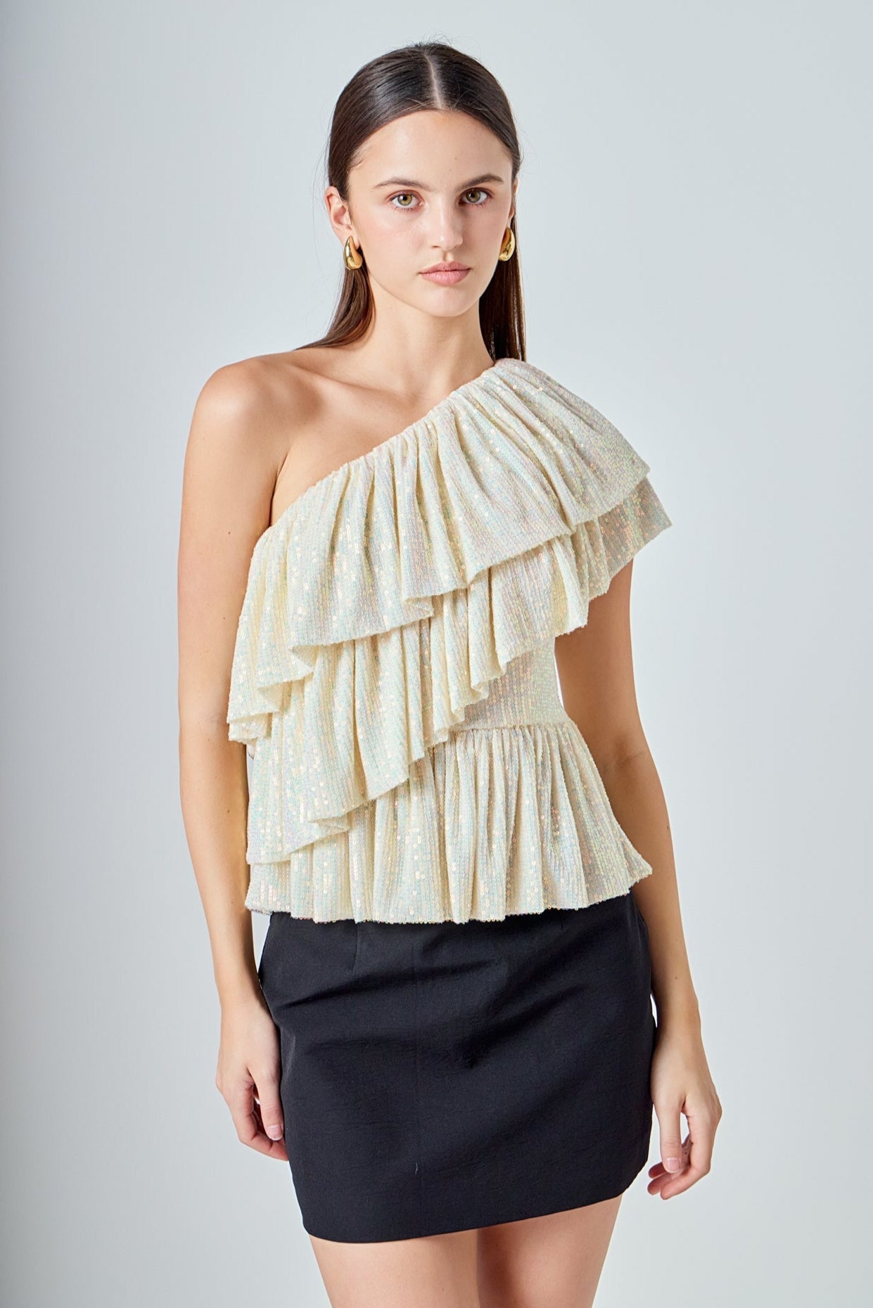ENDLESS ROSE - Sequins One Shoulder Ruffle Top - TOPS available at Objectrare