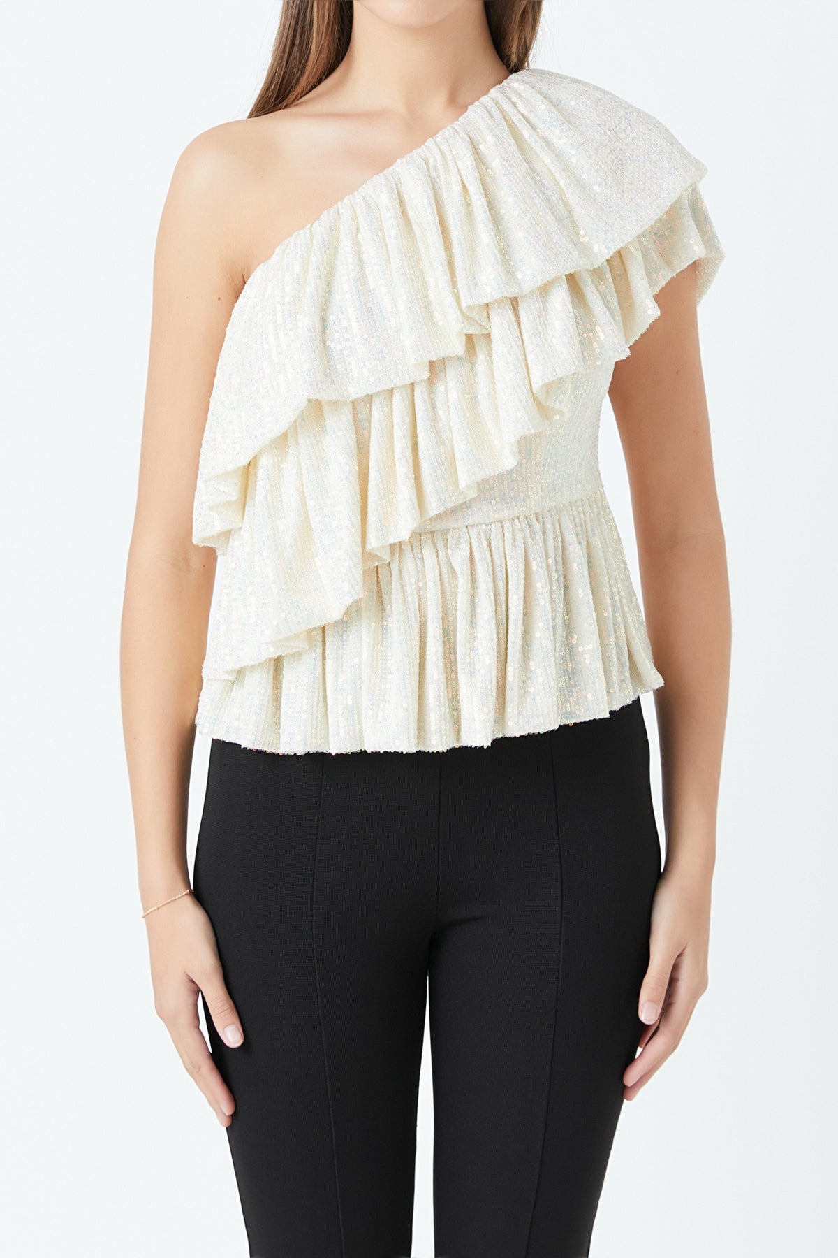 ENDLESS ROSE - Sequins One Shoulder Ruffle Top - TOPS available at Objectrare