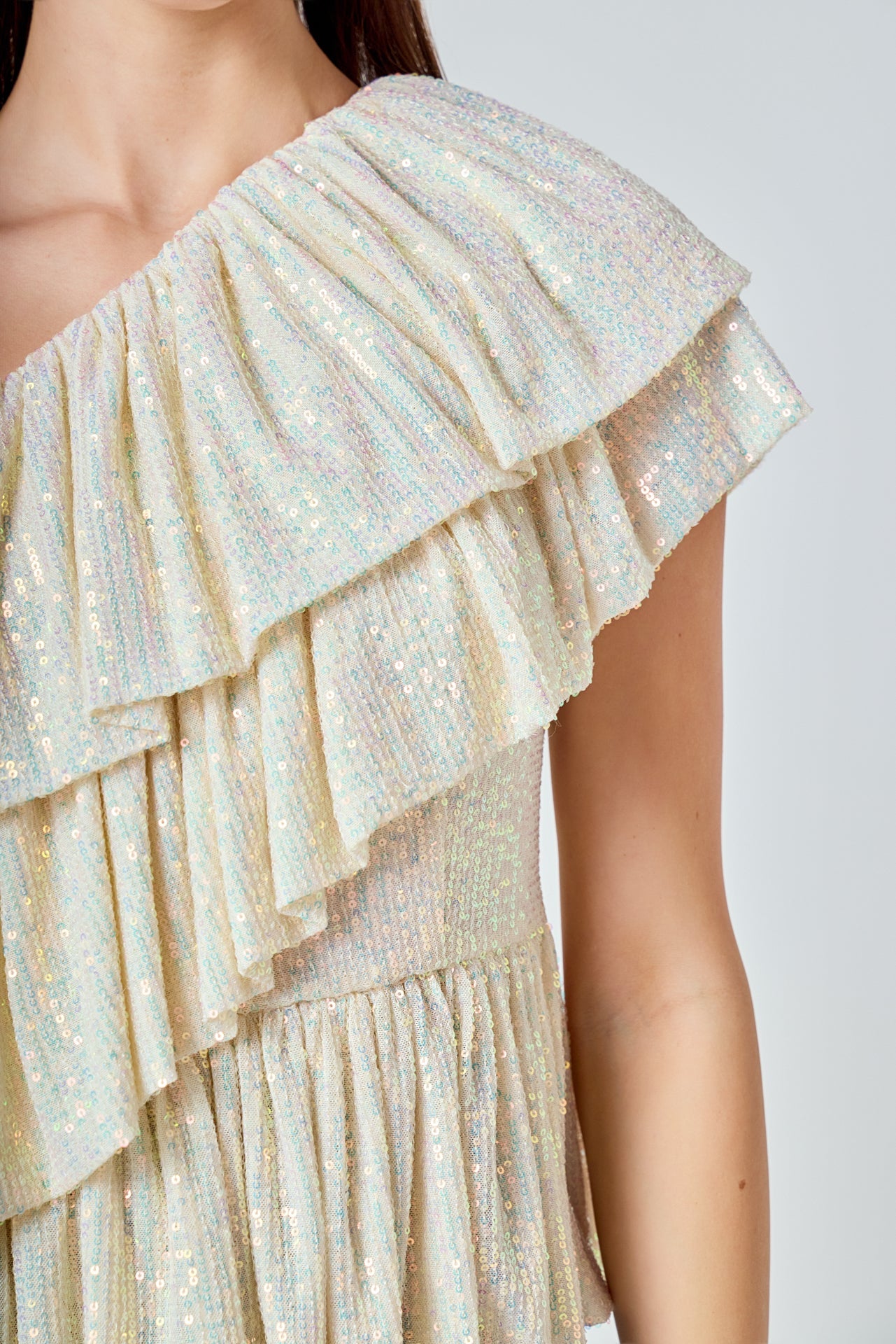 ENDLESS ROSE - Sequins One Shoulder Ruffle Top - TOPS available at Objectrare