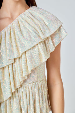 ENDLESS ROSE - Sequins One Shoulder Ruffle Top - TOPS available at Objectrare