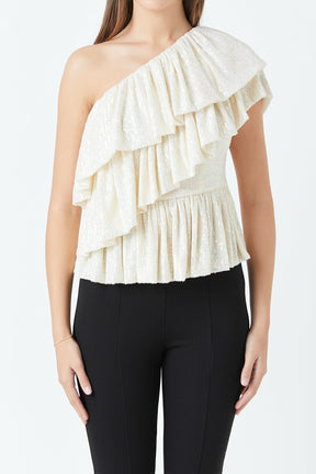 ENDLESS ROSE - Endless Rose - Sequins One Shoulder Ruffle Top - TOPS available at Objectrare