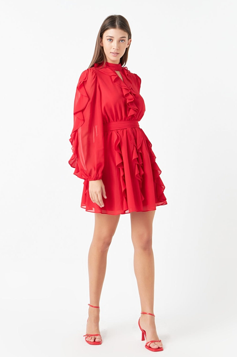 ENDLESS ROSE - Chiffon Ruffled V Mini Dress - DRESSES available at Objectrare