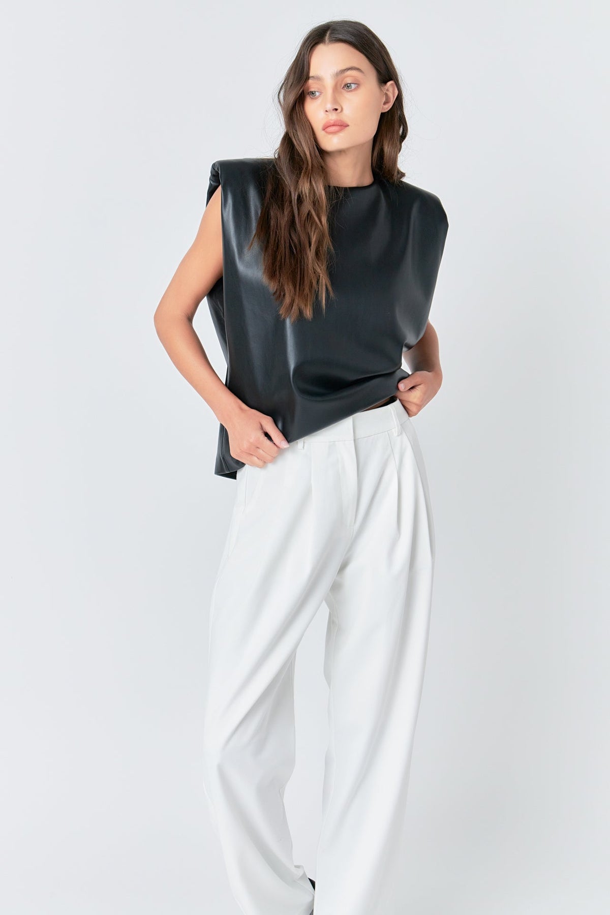 GREY LAB - Grey Lab - Shoulder Padded Faux Leather Top - TOPS available at Objectrare