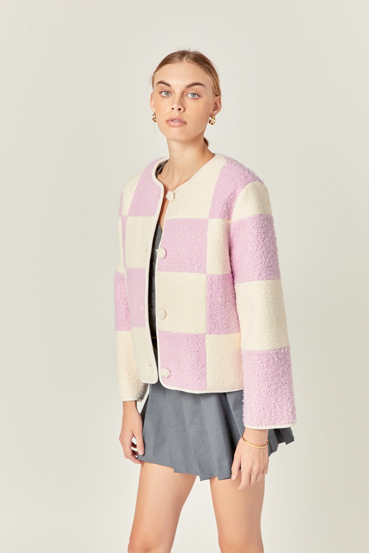 ENGLISH FACTORY - Shearling Check Cardigan - OUTERWEAR available at Objectrare