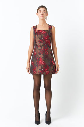 ENDLESS ROSE - Floral Jacquard Sleeveless Mini Dress - DRESSES available at Objectrare