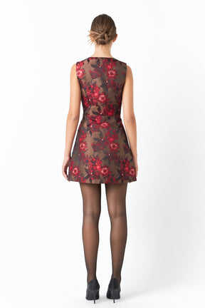 ENDLESS ROSE - Floral Jacquard Sleeveless Mini Dress - DRESSES available at Objectrare