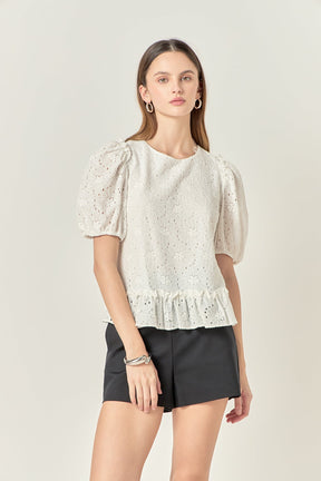 Lace Puff Sleeve Top With Shoulder Ruffle Details