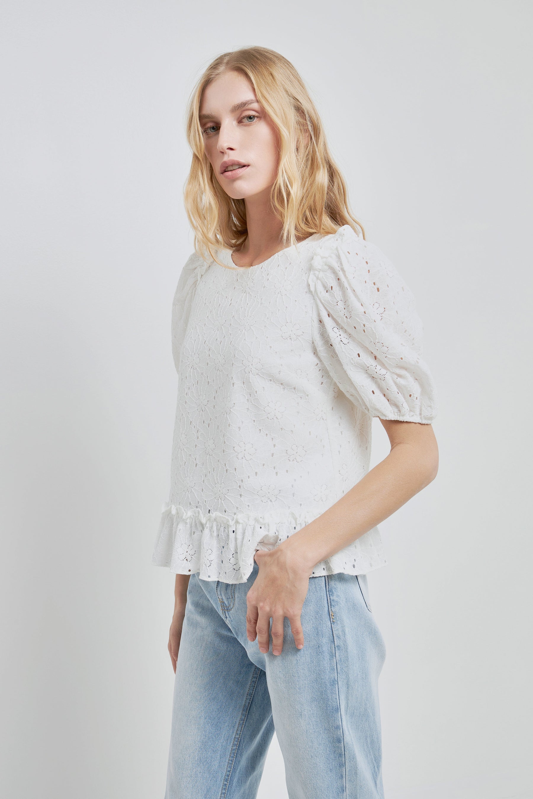 ENGLISH FACTORY - English Factory - Lace Puff Sleeve Top With Shoulder Ruffle Details - TOPS available at Objectrare