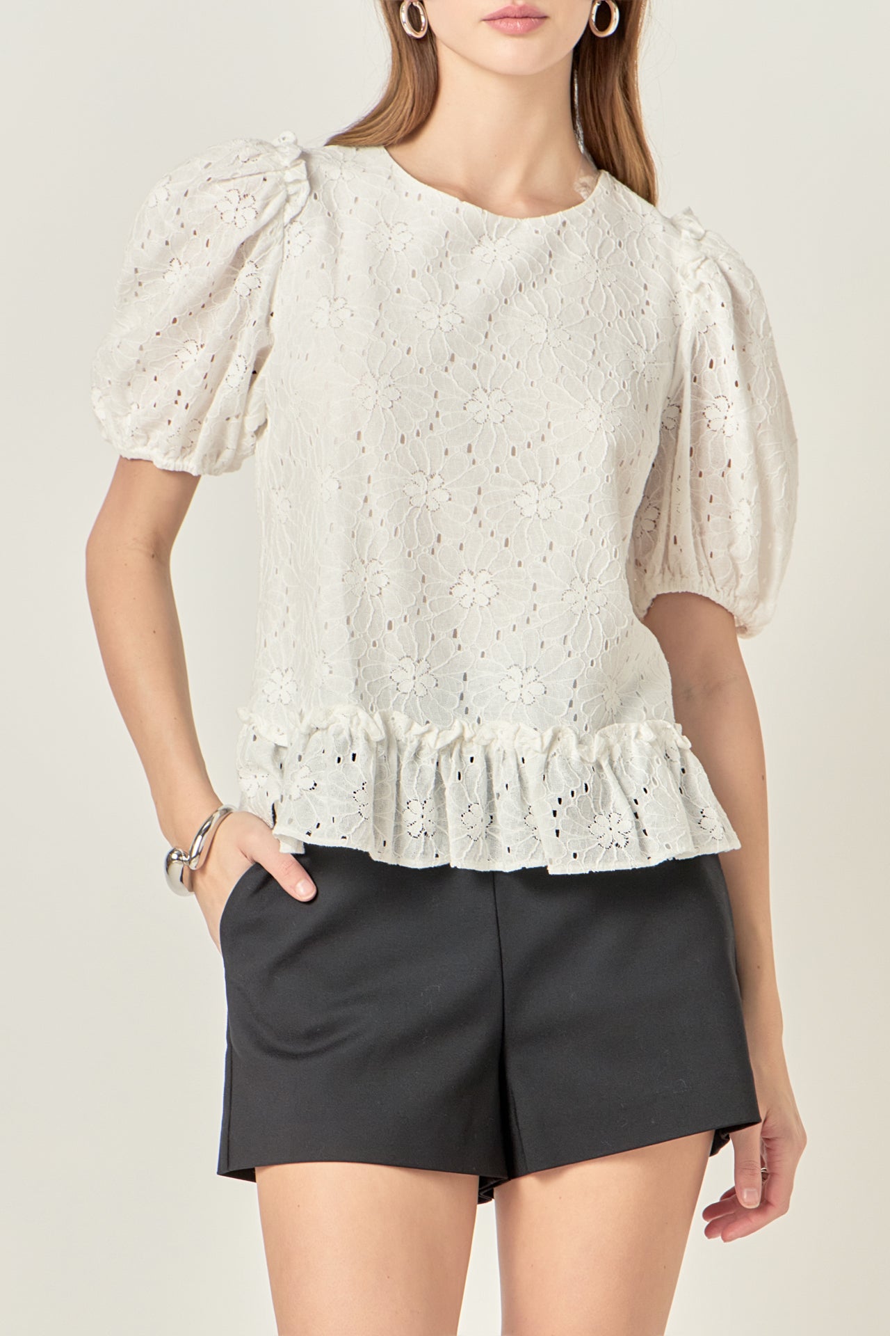 Lace Puff Sleeve Top With Shoulder Ruffle Details