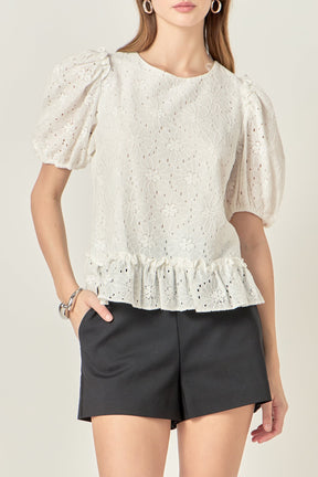 Lace Puff Sleeve Top With Shoulder Ruffle Details