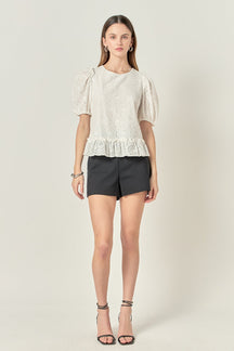 Lace Puff Sleeve Top With Shoulder Ruffle Details