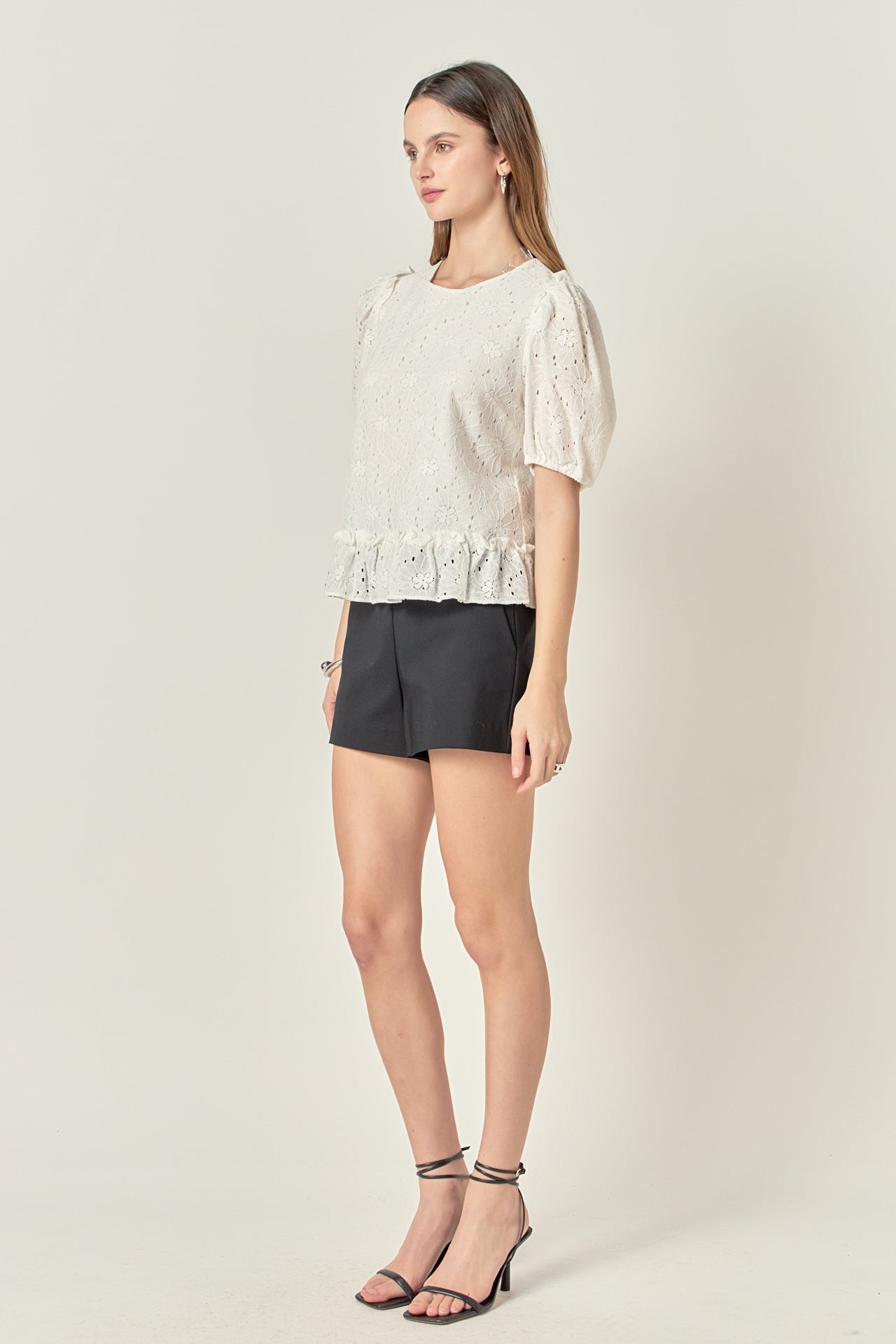 Lace Puff Sleeve Top With Shoulder Ruffle Details
