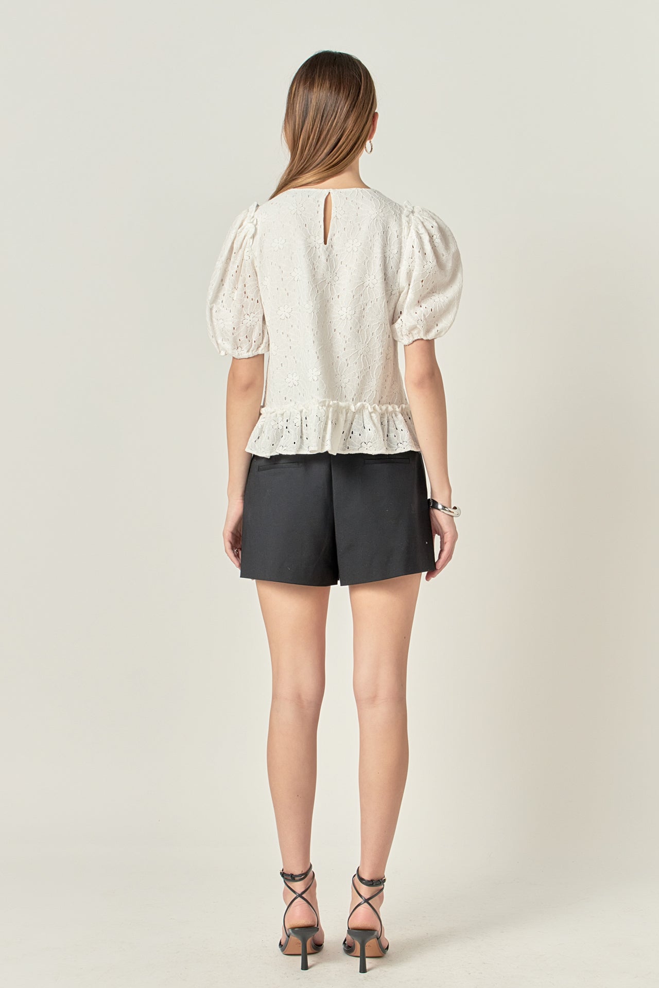 Lace Puff Sleeve Top With Shoulder Ruffle Details
