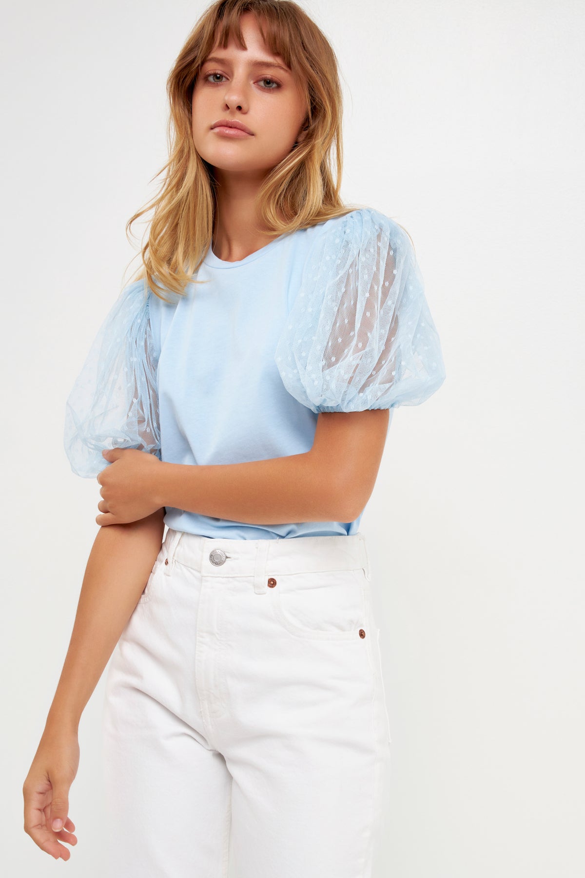 Mesh Dot Puff Sleeve Top