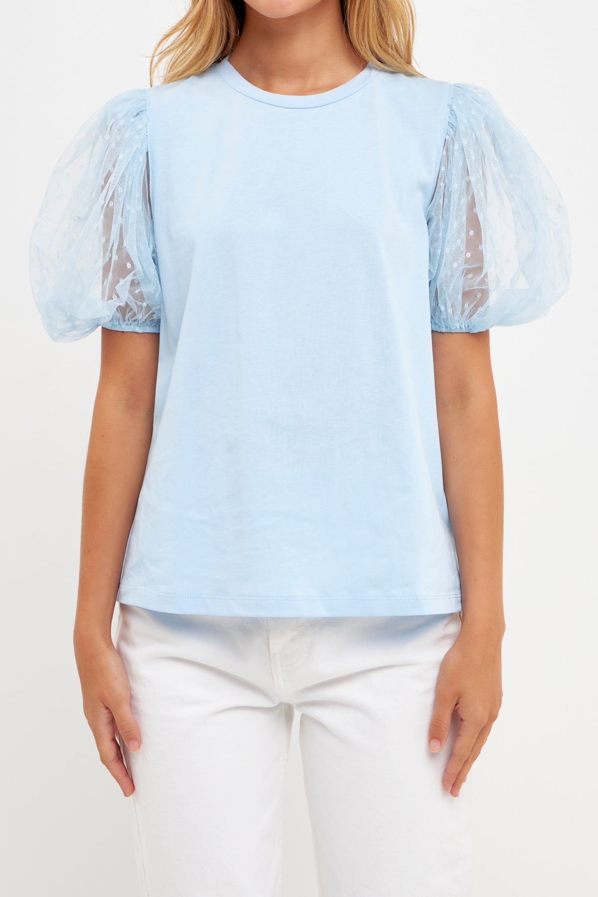 Mesh Dot Puff Sleeve Top