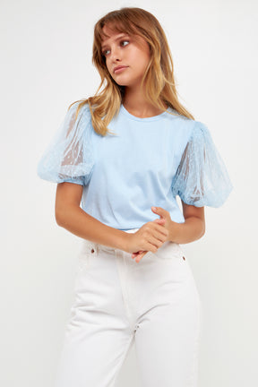 Mesh Dot Puff Sleeve Top