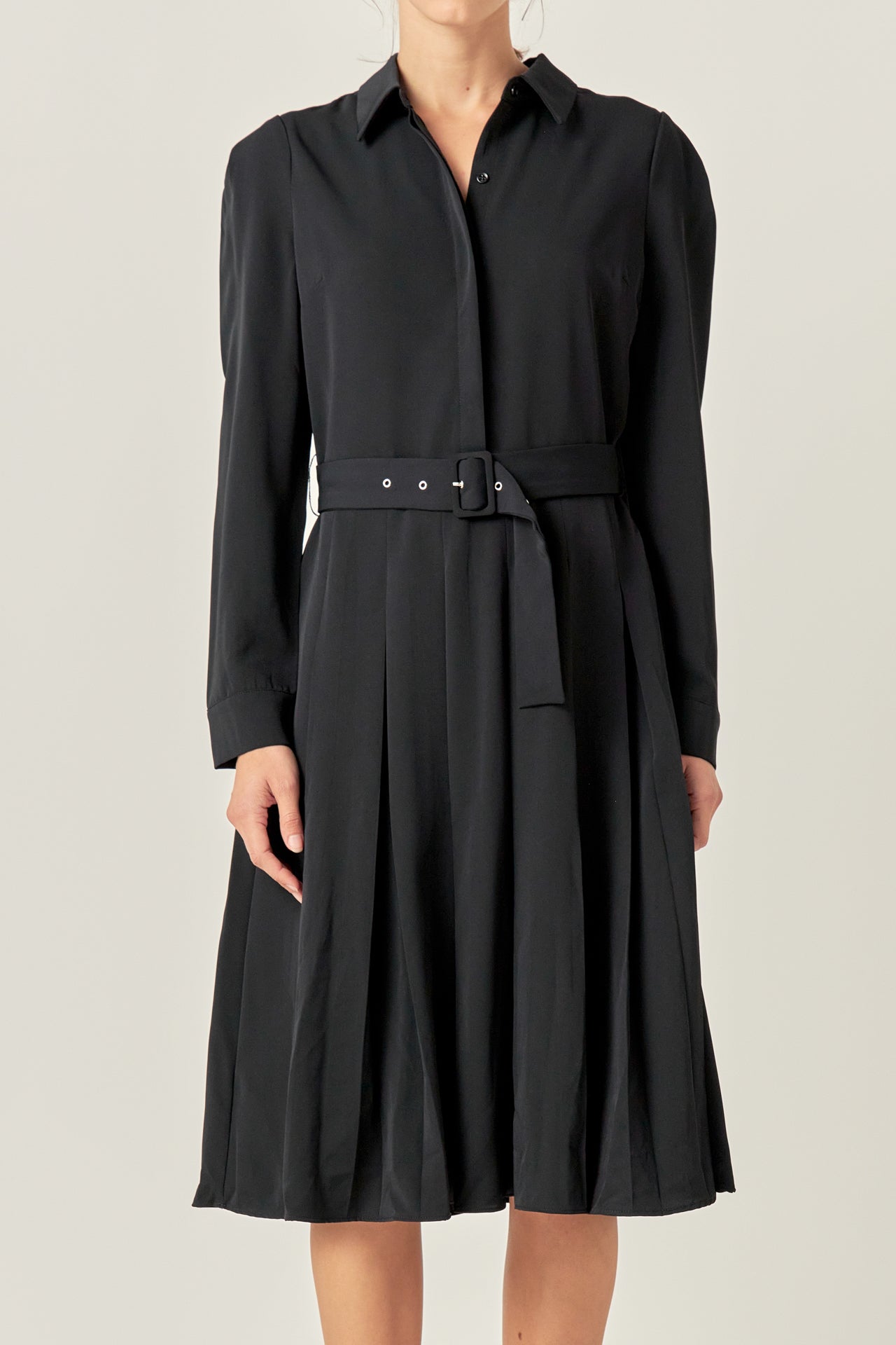 English Factory - Pleated Collared Long Sleeve Midi Dress CAMEL / S English Factory - Pleated Collared Long Sleeve Midi Dress CAMEL / S