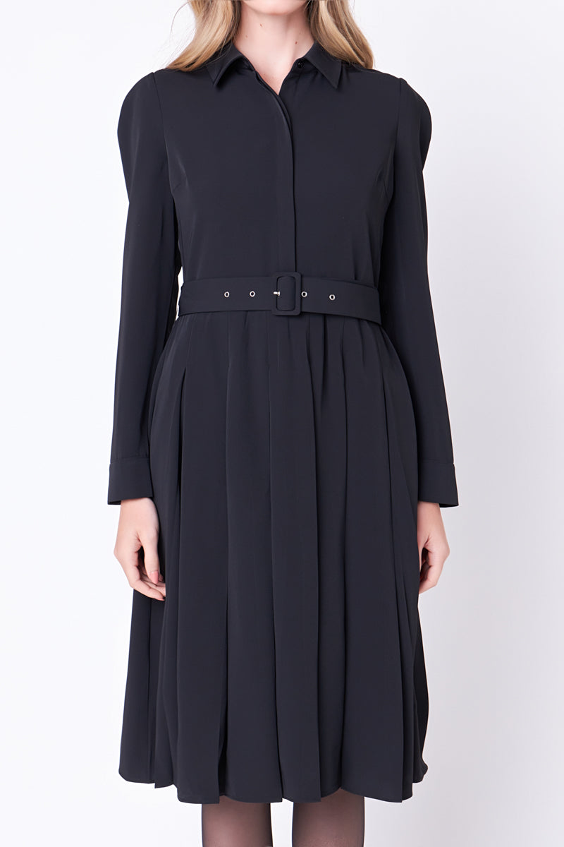 ENGLISH FACTORY - Pleated Collared Long Sleeve Midi Dress - DRESSES available at Objectrare