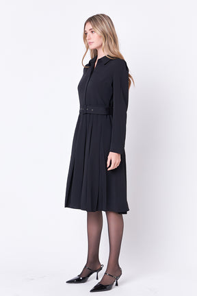 ENGLISH FACTORY - Pleated Collared Long Sleeve Midi Dress - DRESSES available at Objectrare