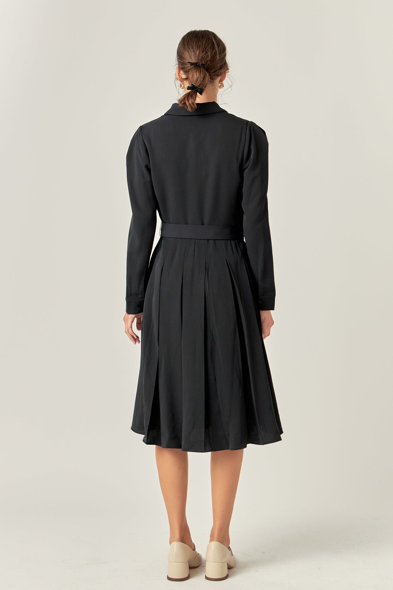 English Factory - Pleated Collared Long Sleeve Midi Dress CAMEL / S