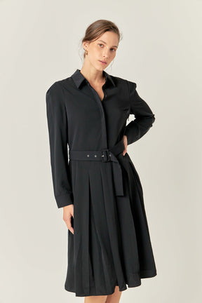 ENGLISH FACTORY - Pleated Collared Long Sleeve Midi Dress - DRESSES available at Objectrare