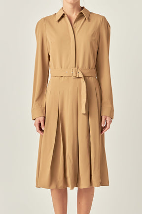 ENGLISH FACTORY - Pleated Collared Long Sleeve Midi Dress - DRESSES available at Objectrare