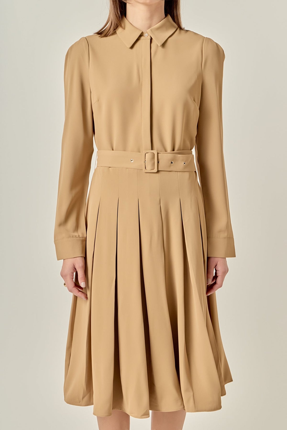 ENGLISH FACTORY - Pleated Collared Long Sleeve Midi Dress - DRESSES available at Objectrare